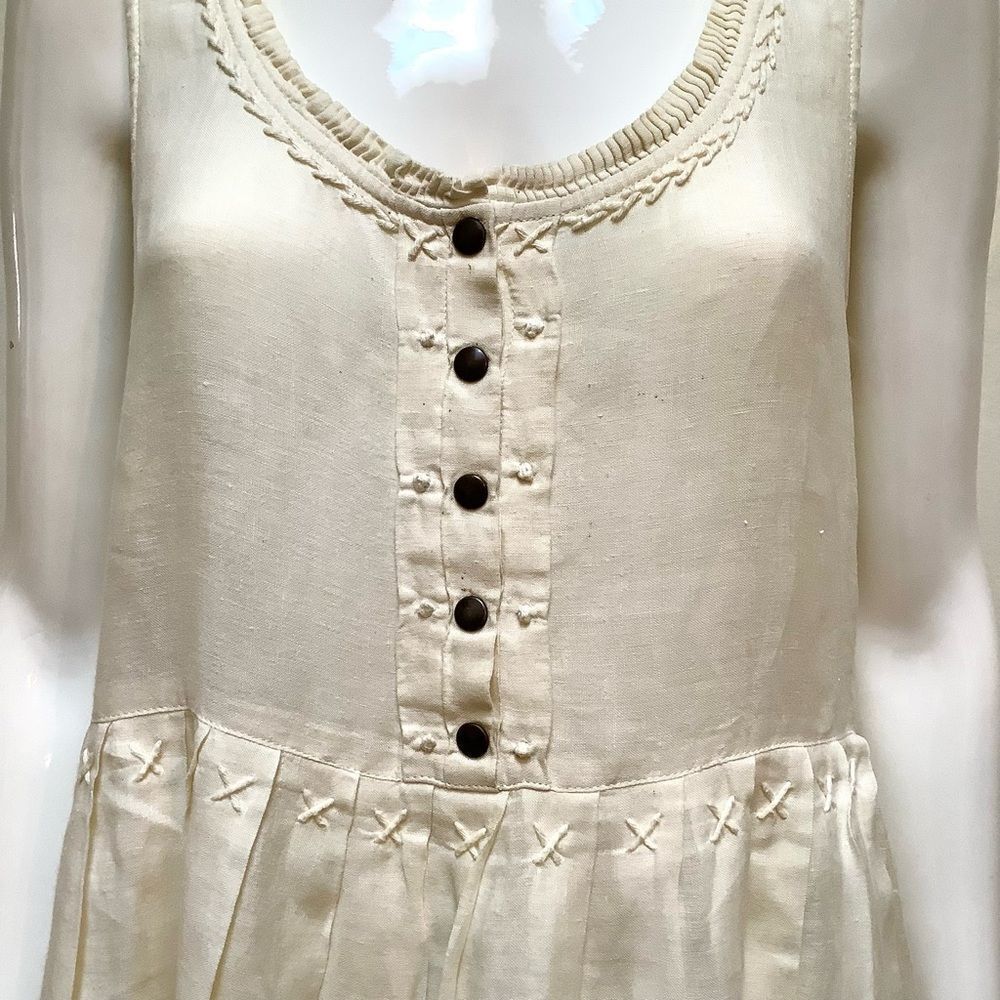 Poetry Style Linen Long Wht. Button Front   Dress Handmade Detail ScoopNeck Veuc
